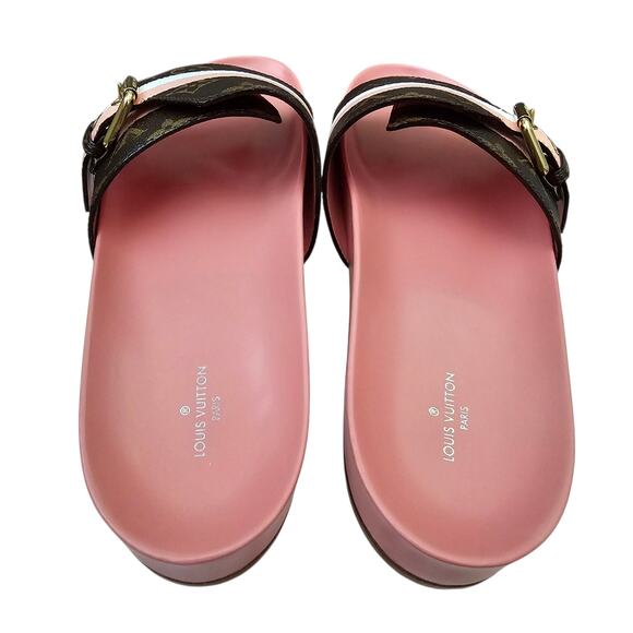 Louis Vuitton Bom Dia Flat Slide Mule Sandal Brown Pink LV Monogram Size 40 US10 - Picture 7 of 13